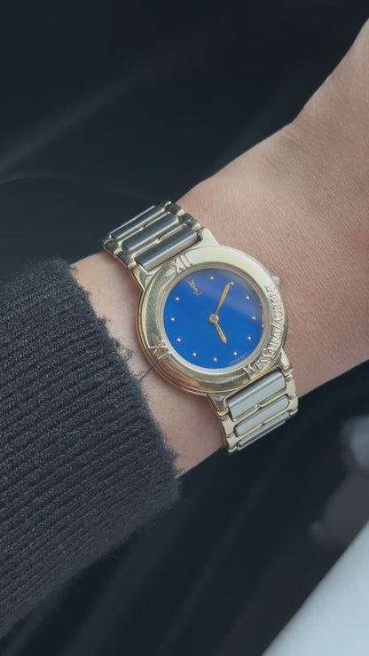 Vintage Rare Yves Saint Laurent Two-Tone Watch for women: Gold Plated, Blue Dial